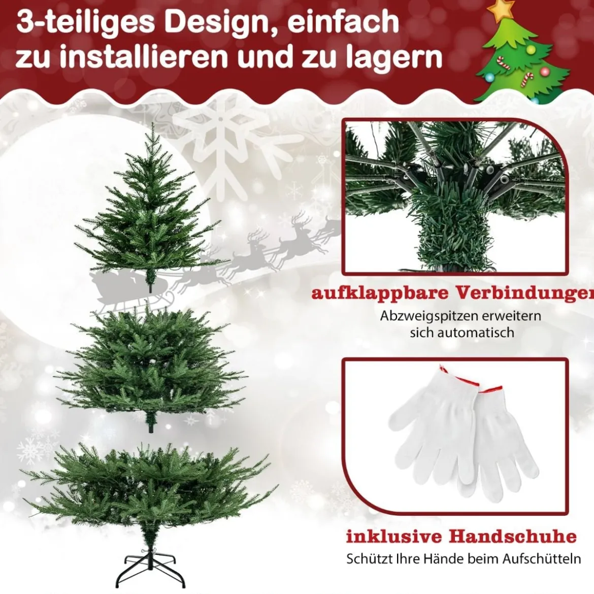 180 cm Künstlicher Weihnachtsbaum mit 8 Lichtmodi & 280 warmweißen LED-Lichtern