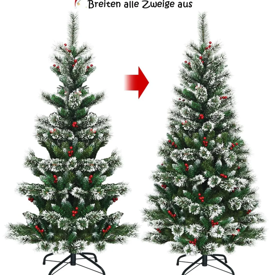 150/180/210/240 cm Künstlicher Weihnachtsbaum mit Schneeflocken roten Beeren und Kiefernzapfen Grün