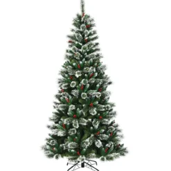 150/180/210/240 cm Künstlicher Weihnachtsbaum mit Schneeflocken roten Beeren und Kiefernzapfen Grün