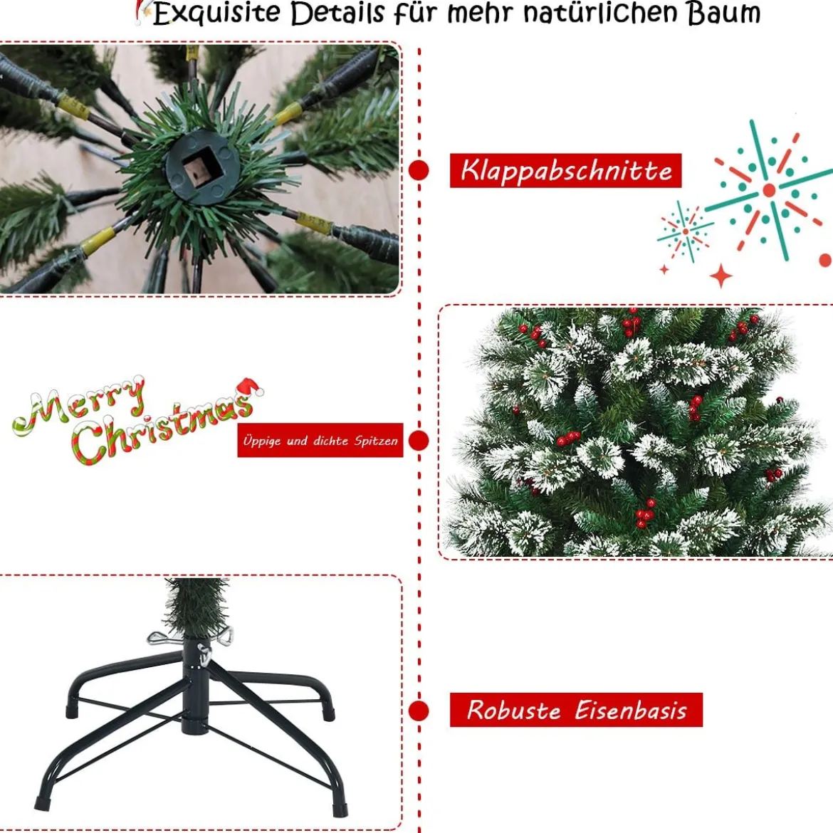 150/180/210/240 cm Künstlicher Weihnachtsbaum mit Schneeflocken roten Beeren und Kiefernzapfen Grün
