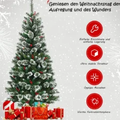 150/180/210/240 cm Künstlicher Weihnachtsbaum mit Schneeflocken roten Beeren und Kiefernzapfen Grün