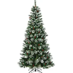 150/180/210/240 cm Künstlicher Weihnachtsbaum mit Schneeflocken roten Beeren und Kiefernzapfen Grün