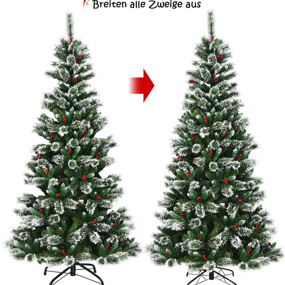150/180/210/240 cm Künstlicher Weihnachtsbaum mit Schneeflocken roten Beeren und Kiefernzapfen Grün