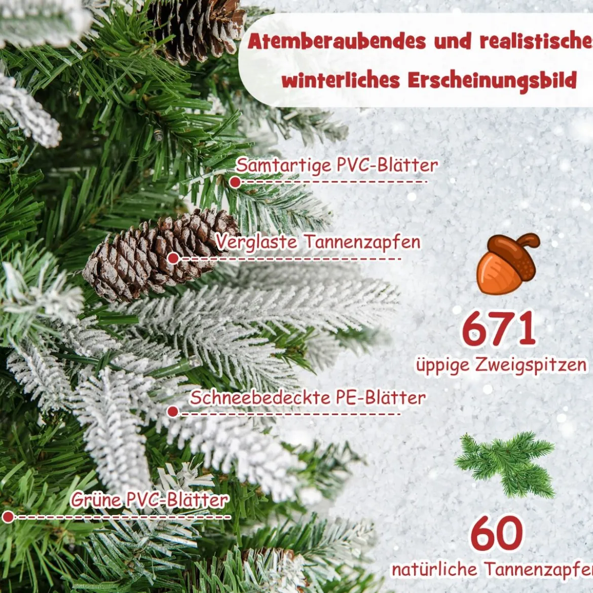 190 cm Künstlicher Weihnachtsbaum mit Beleuchtung und Schnee Kunstbaum Weihnachten für Zuhause Grün+Weiß