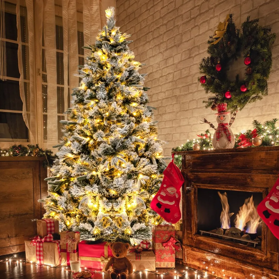 180 cm Künstlicher Weihnachtsbaum mit Schnee & 250 Warmweißen LED-Lichtern Grün