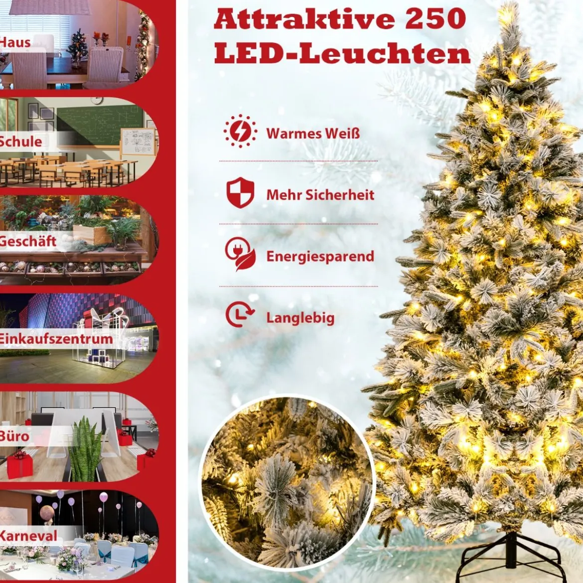 180 cm Künstlicher Weihnachtsbaum mit Schnee & 250 Warmweißen LED-Lichtern Grün