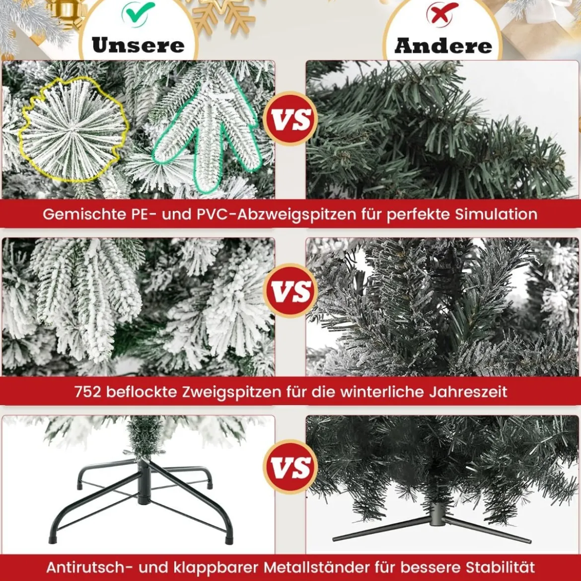180 cm Künstlicher Weihnachtsbaum mit Schnee & 250 Warmweißen LED-Lichtern Grün