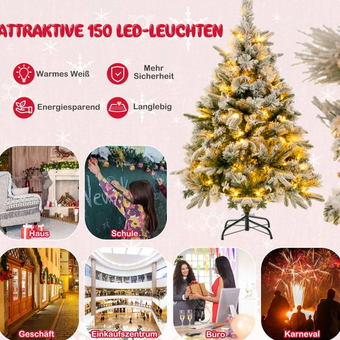 136 cm Künstlicher Weihnachtsbaum mit Schnee & 150 Warmweißen LED-Lichtern Grün