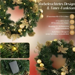 60 cm künstlicher Weihnachtskranz mit 35 Warmweißen LEDs & Kieferzapfen & Beeren