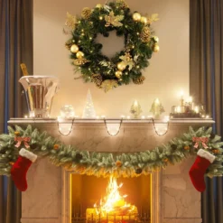 60 cm künstlicher Weihnachtskranz mit 35 Warmweißen LEDs & Kieferzapfen & Beeren