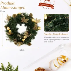 60 cm künstlicher Weihnachtskranz mit 35 Warmweißen LEDs & Kieferzapfen & Beeren