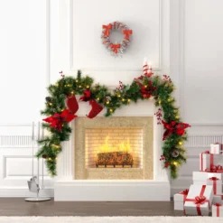 270 cm Künstliche Weihnachtsgirlande mit Beleuchtung & Tannenzapfen & Roten Blumen