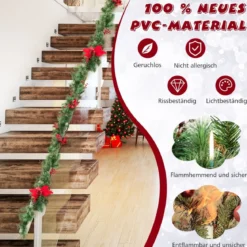 270 cm Künstliche Weihnachtsgirlande mit Beleuchtung & Tannenzapfen & Roten Blumen
