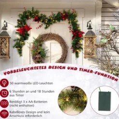 270 cm Künstliche Weihnachtsgirlande mit Beleuchtung & Tannenzapfen & Roten Blumen