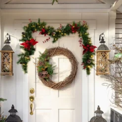 270 cm Künstliche Weihnachtsgirlande mit Beleuchtung & Tannenzapfen & Roten Blumen