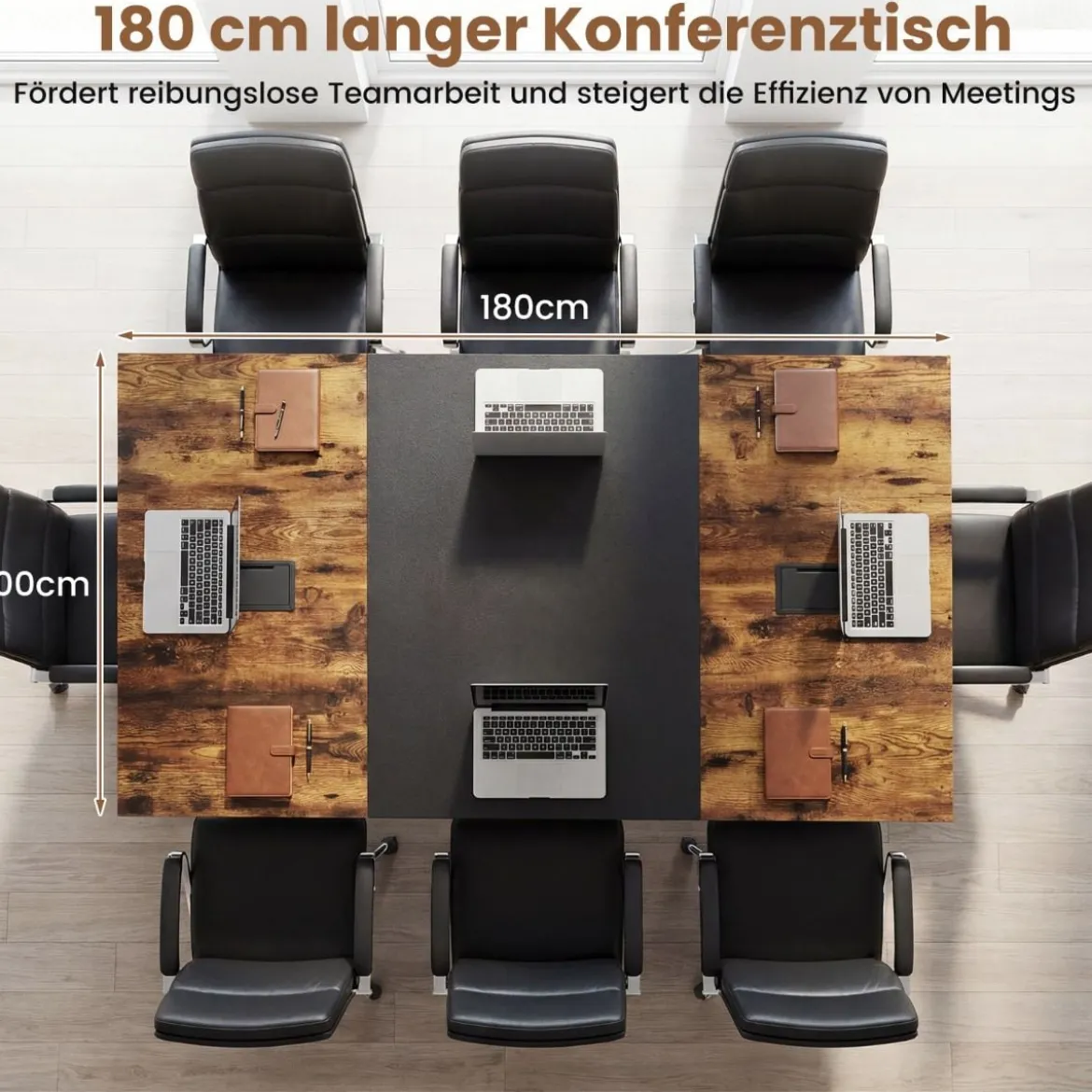 180 cm Konferenztisch großer Besprechungstisch holz für 6-8 Personen Rechteckiger Meetingtisch Rustikal Braun & Schwarz
