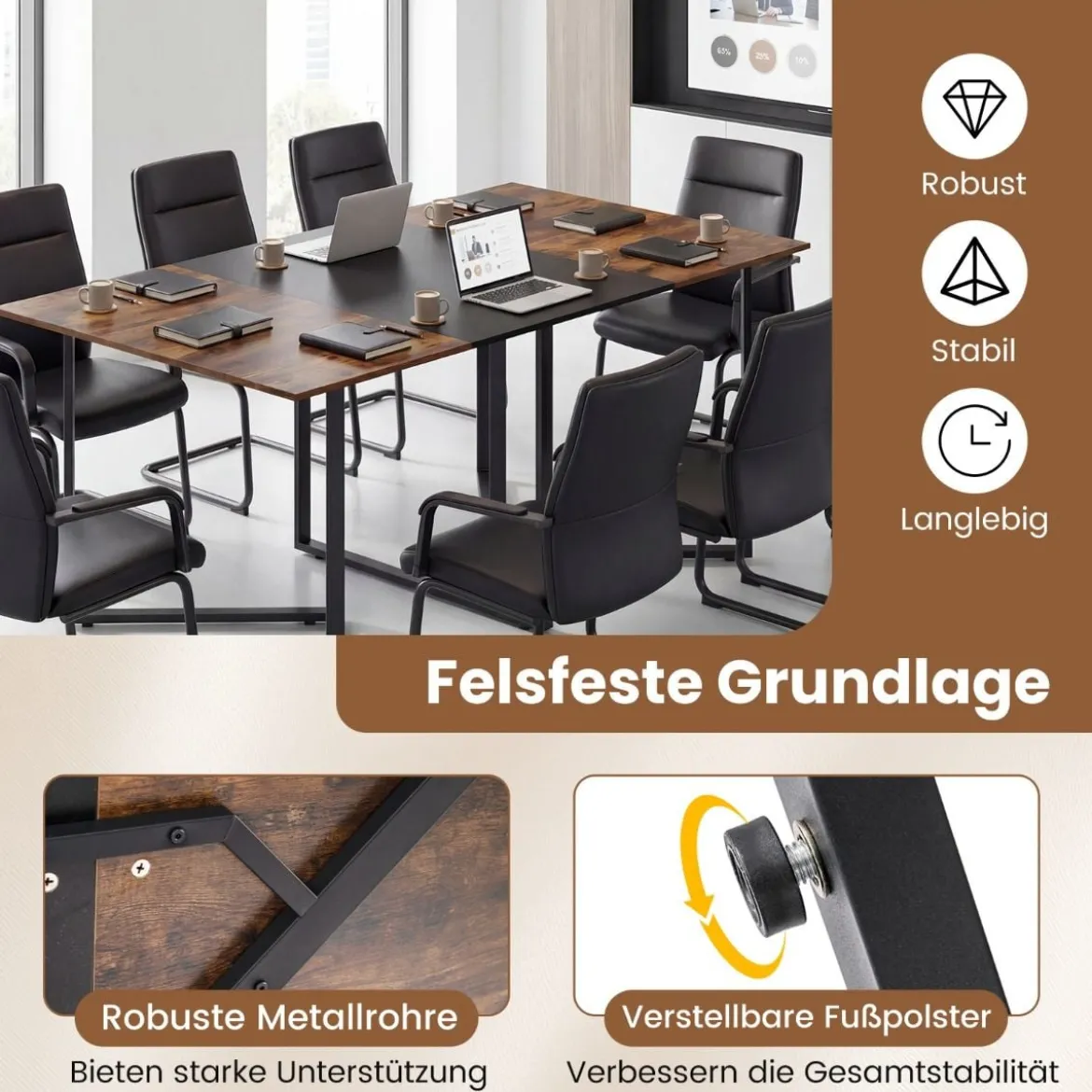 180 cm Konferenztisch großer Besprechungstisch holz für 6-8 Personen Rechteckiger Meetingtisch Rustikal Braun & Schwarz