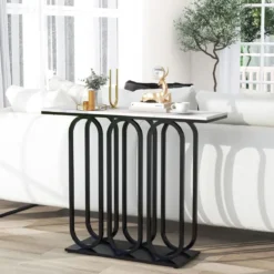 100 cm Konsolentisch aus Kunstmarmor mit Verstellbaren Fußpolstern &Metallrahmen & Kippschutz-Sets