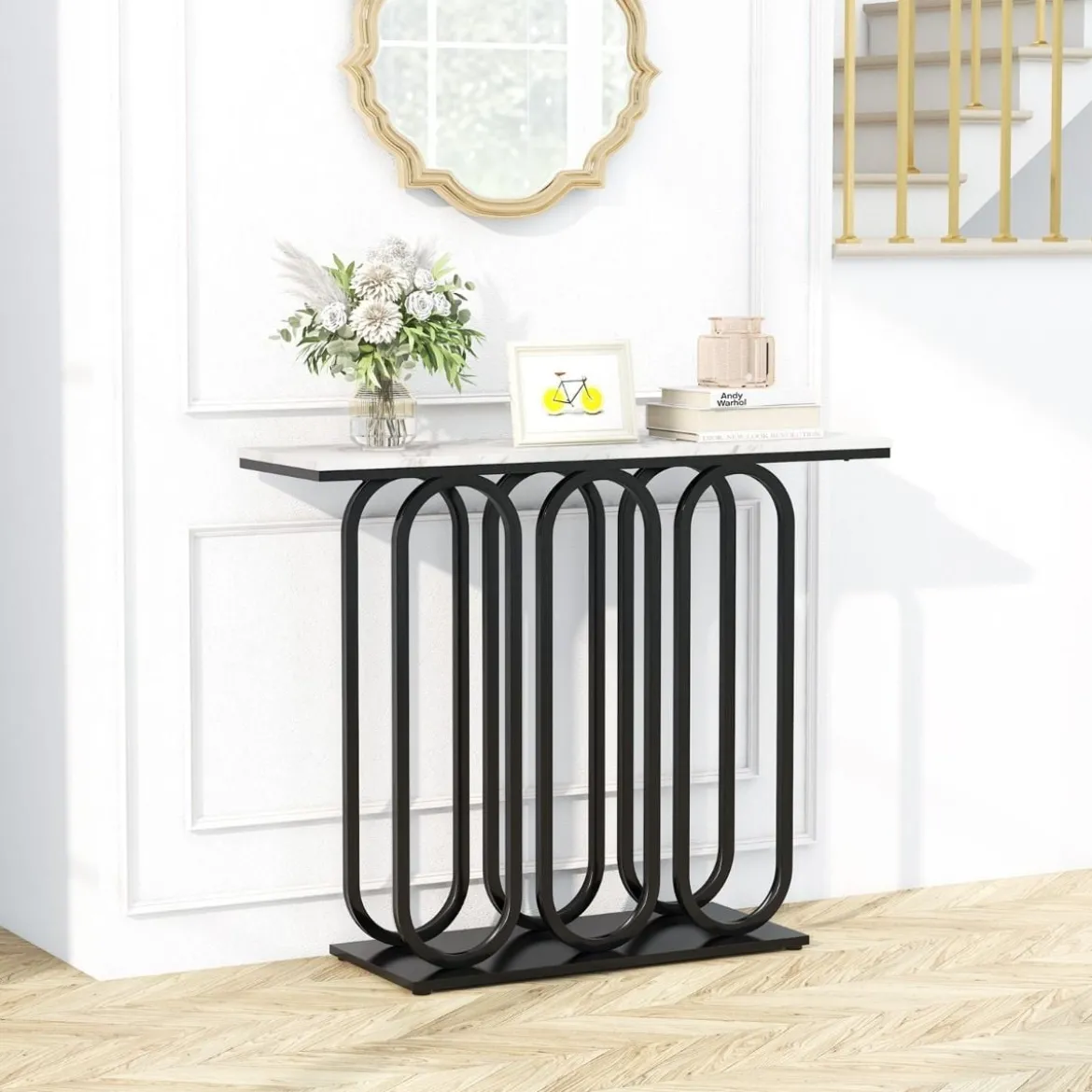 100 cm Konsolentisch aus Kunstmarmor mit Verstellbaren Fußpolstern &Metallrahmen & Kippschutz-Sets