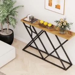 140 cm Konsolentisch Landhaus-Eingangstisch mit geometrischer Metallbasis industrieller Akzenttisch Holzfarbe