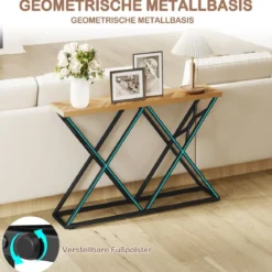 140 cm Konsolentisch Landhaus-Eingangstisch mit geometrischer Metallbasis industrieller Akzenttisch Holzfarbe