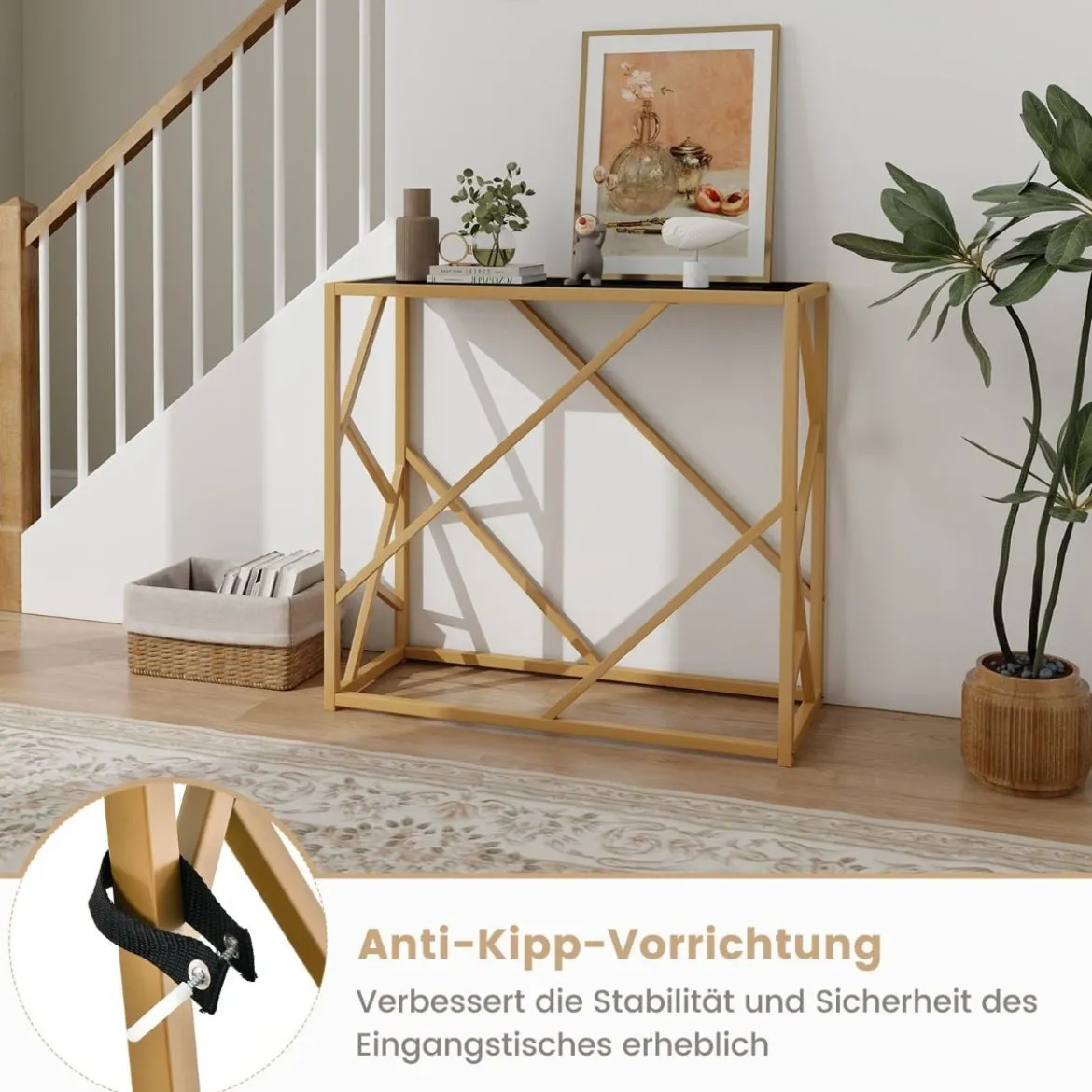 80 cm Konsolentisch mit Gehärteter Glasplatte & Goldfarbenem Rahmen Sofatisch Schwarz