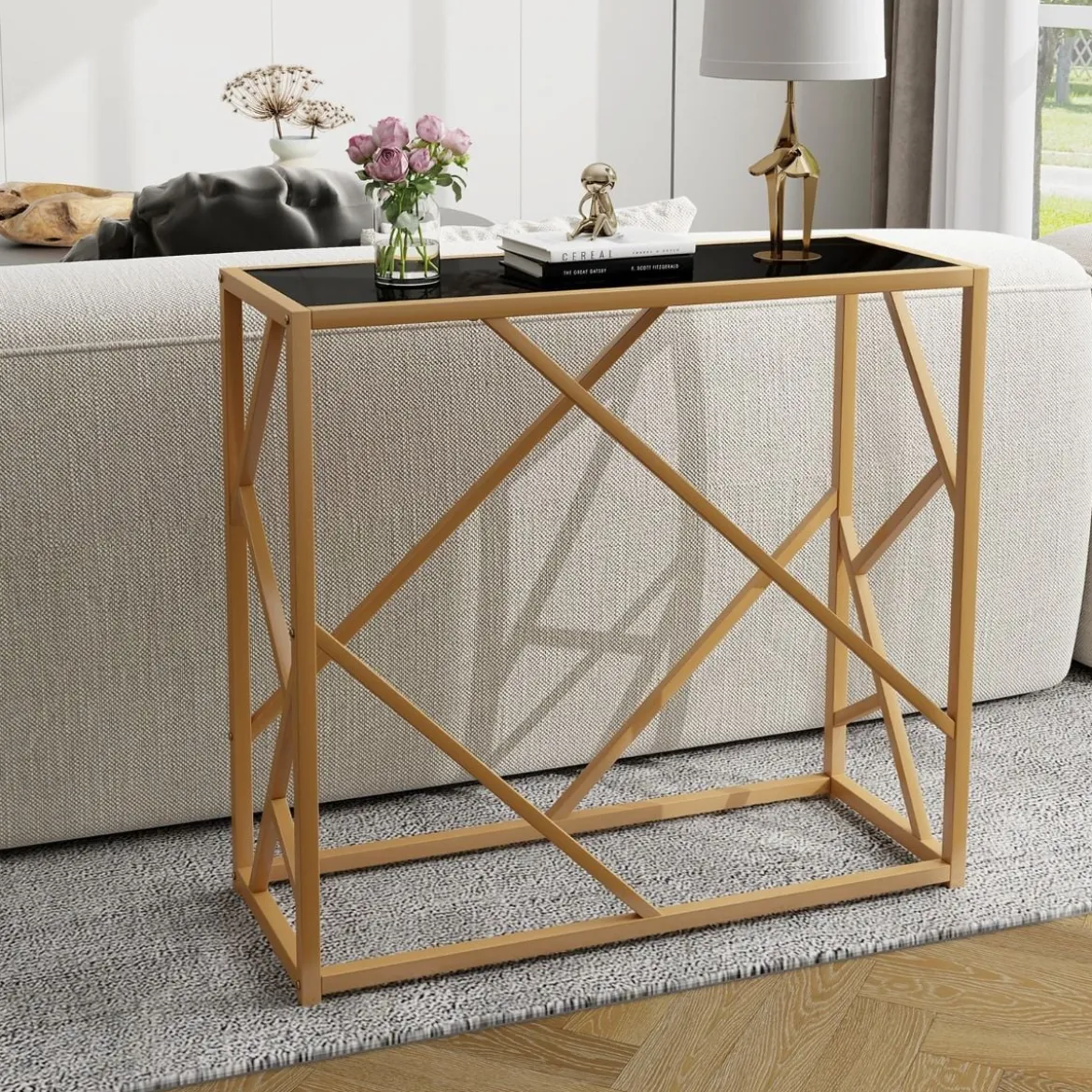 80 cm Konsolentisch mit Gehärteter Glasplatte & Goldfarbenem Rahmen Sofatisch Schwarz