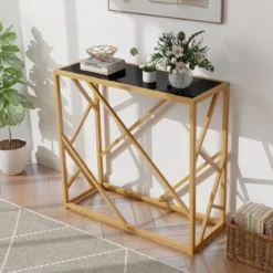 80 cm Konsolentisch mit Gehärteter Glasplatte & Goldfarbenem Rahmen Sofatisch Schwarz