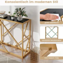 80 cm Konsolentisch mit Gehärteter Glasplatte & Goldfarbenem Rahmen Sofatisch Schwarz