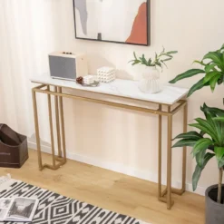 120 cm Konsolentisch mit Kunstmarmor Tischplatte & Geometrischem Metallrahmen Flurtisch Golden