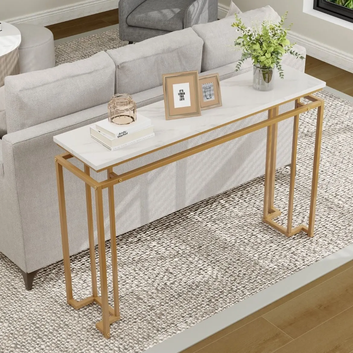 120 cm Konsolentisch mit Kunstmarmor Tischplatte & Geometrischem Metallrahmen Flurtisch Golden