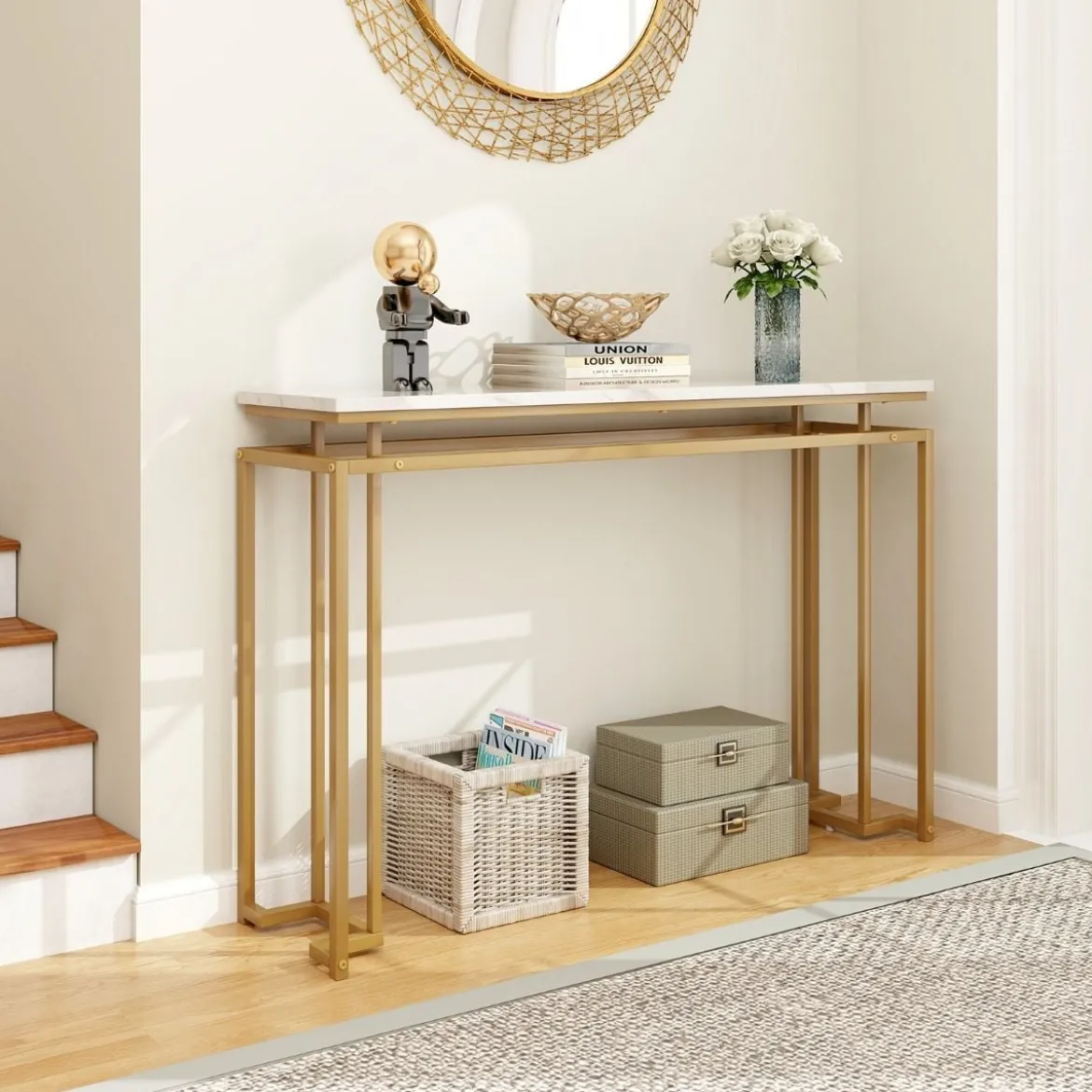 120 cm Konsolentisch mit Kunstmarmor Tischplatte & Geometrischem Metallrahmen Flurtisch Golden
