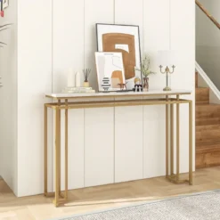 120 cm Konsolentisch mit Kunstmarmor Tischplatte & Geometrischem Metallrahmen Flurtisch Golden