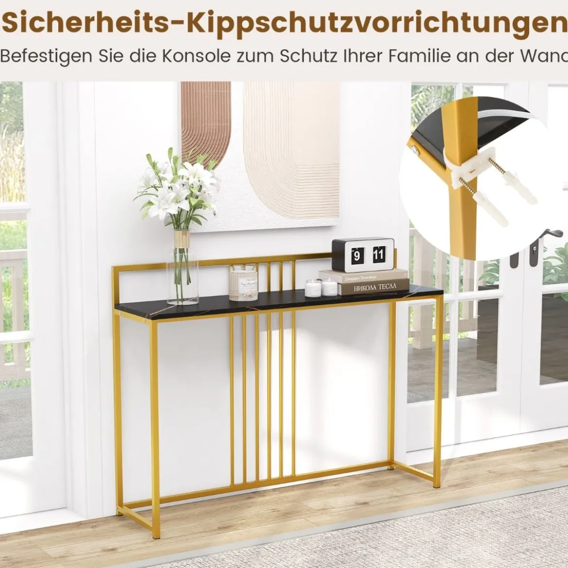 120 cm Konsolentisch mit Marmoroptik & Goldfarbenem Metallgestell Moderner Flurtisch Schwarz