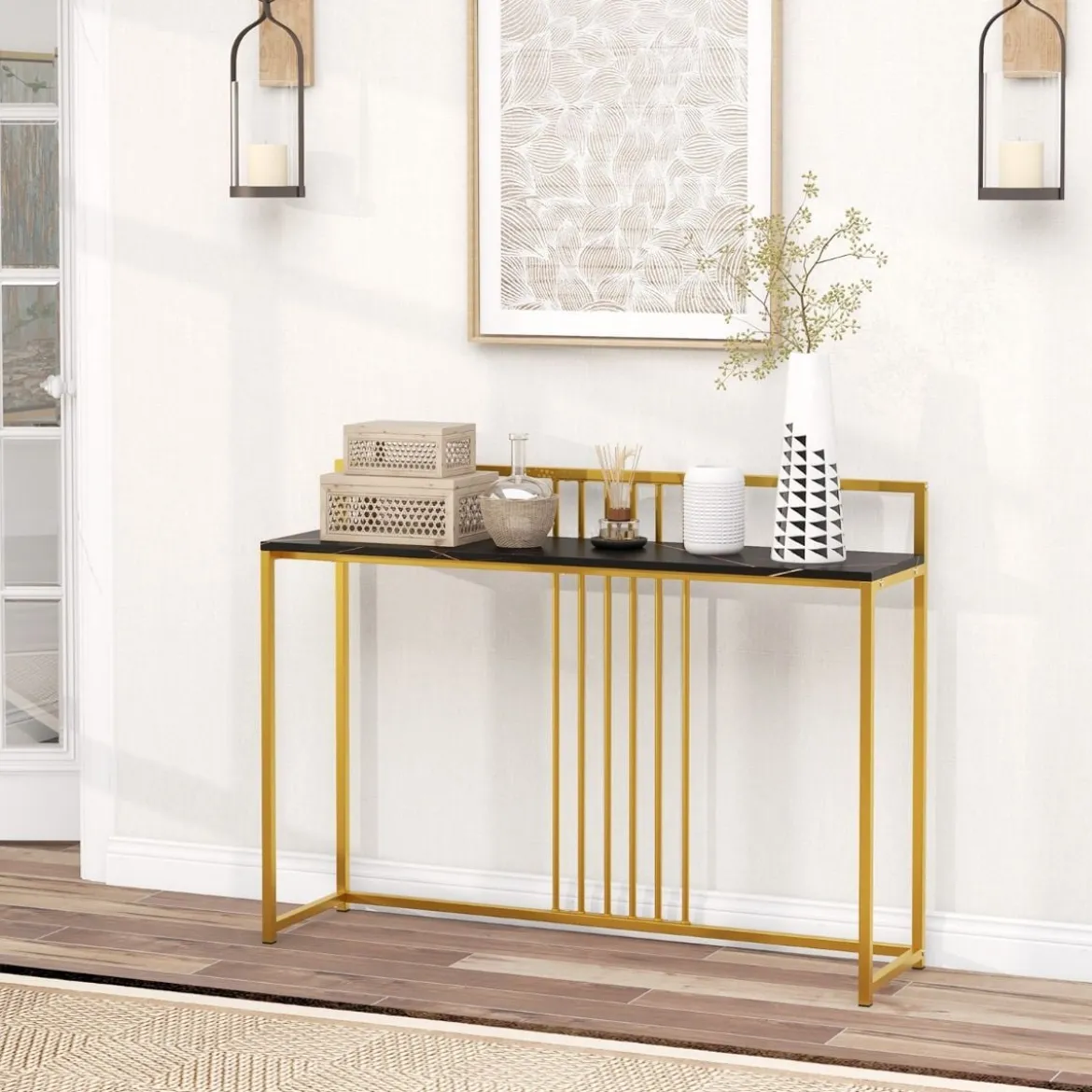 120 cm Konsolentisch mit Marmoroptik & Goldfarbenem Metallgestell Moderner Flurtisch Schwarz
