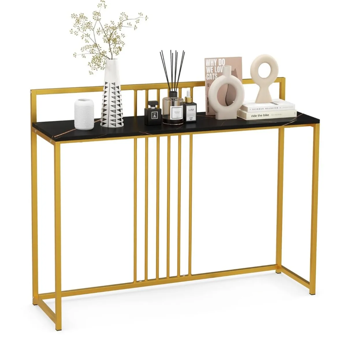120 cm Konsolentisch mit Marmoroptik & Goldfarbenem Metallgestell Moderner Flurtisch Schwarz