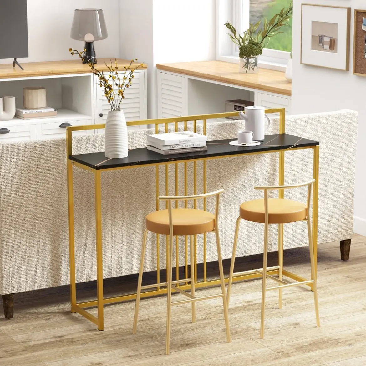 120 cm Konsolentisch mit Marmoroptik & Goldfarbenem Metallgestell Moderner Flurtisch Schwarz