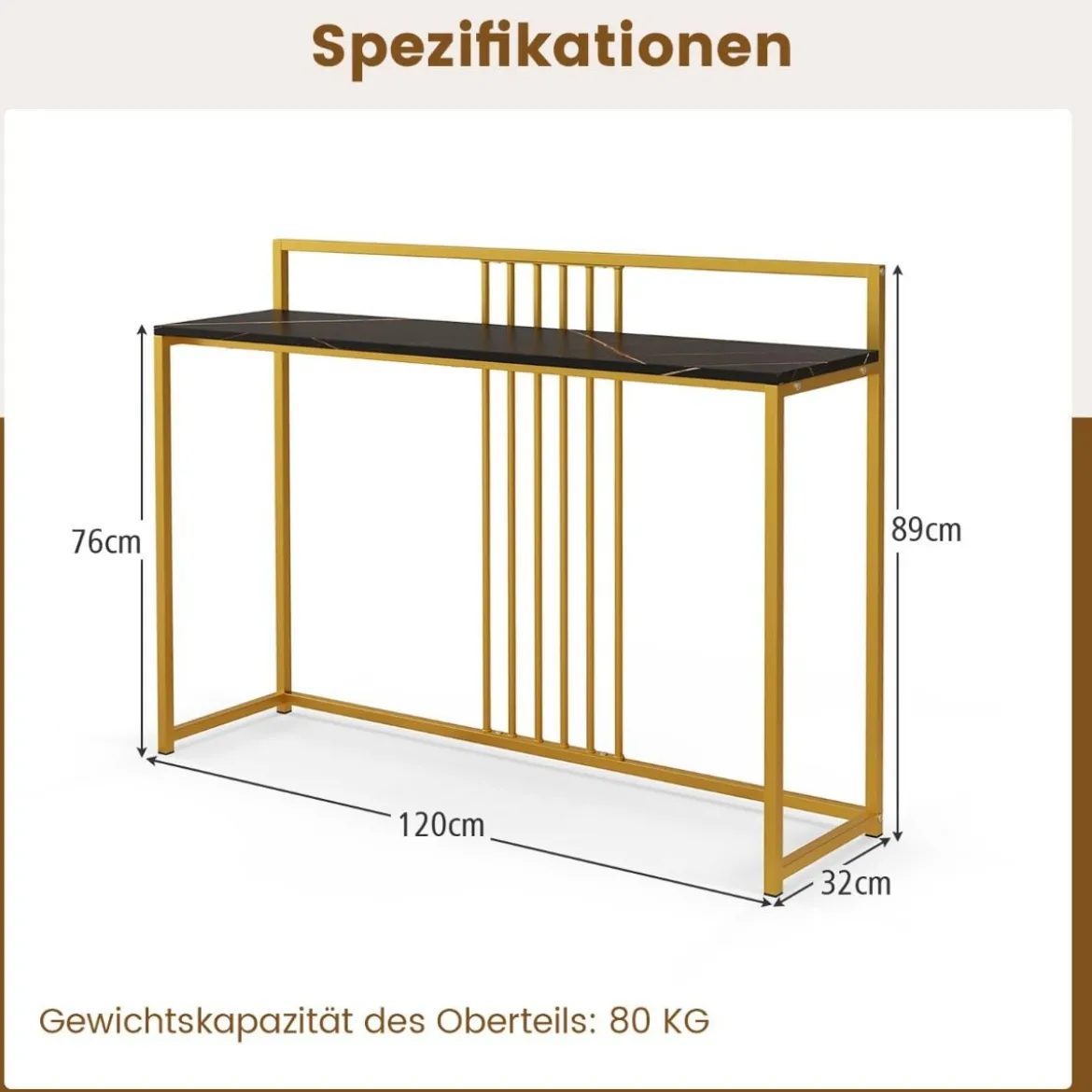 120 cm Konsolentisch mit Marmoroptik & Goldfarbenem Metallgestell Moderner Flurtisch Schwarz