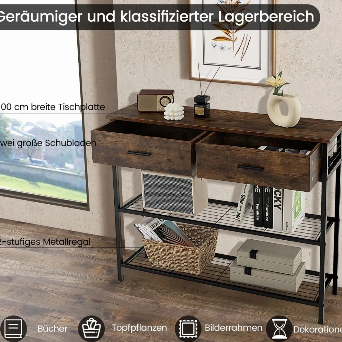 100 cm Konsolentisch mit 2 Schubladen 3 Ebenen Flurtisch aus Holz Beistelltisch mit Metallrahmen Rustikales Braun