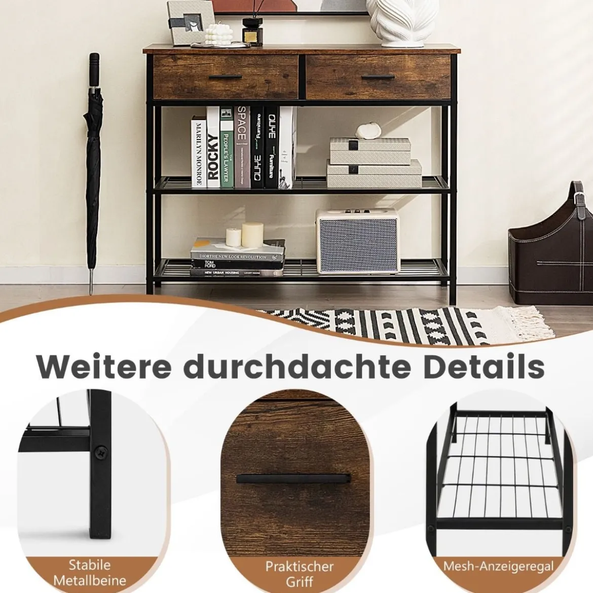 100 cm Konsolentisch mit 2 Schubladen 3 Ebenen Flurtisch aus Holz Beistelltisch mit Metallrahmen Rustikales Braun
