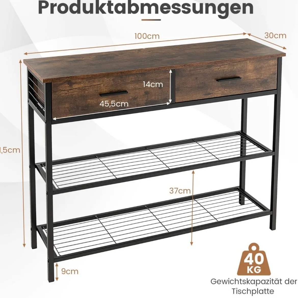 100 cm Konsolentisch mit 2 Schubladen 3 Ebenen Flurtisch aus Holz Beistelltisch mit Metallrahmen Rustikales Braun