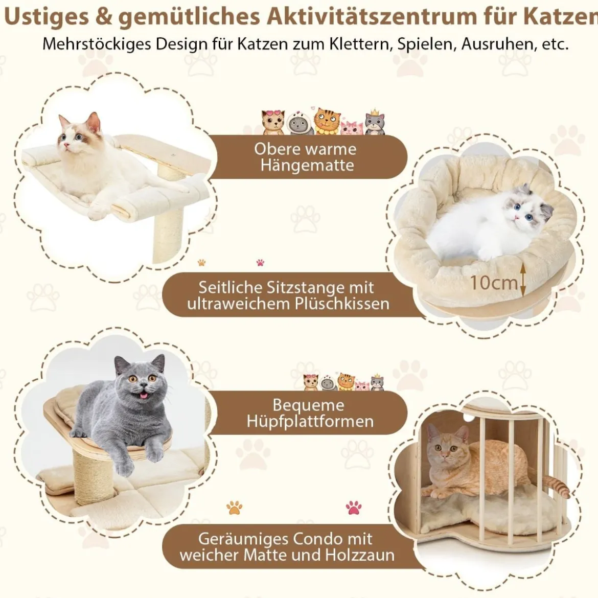 139 cm Kratzbaum aus Holz mit Höhle & Hängematte & Sisalpfosten & Kissen