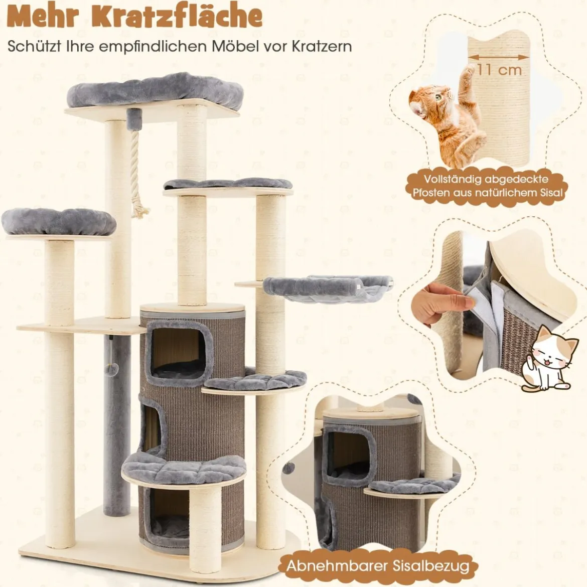173 cm Kratzbaum aus Holz mit Katzenhöhle & Matten & Ball & Hängeseil Katzenbaum Grau