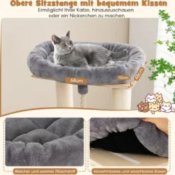 173 cm Kratzbaum aus Holz mit Katzenhöhle & Matten & Ball & Hängeseil Katzenbaum Grau