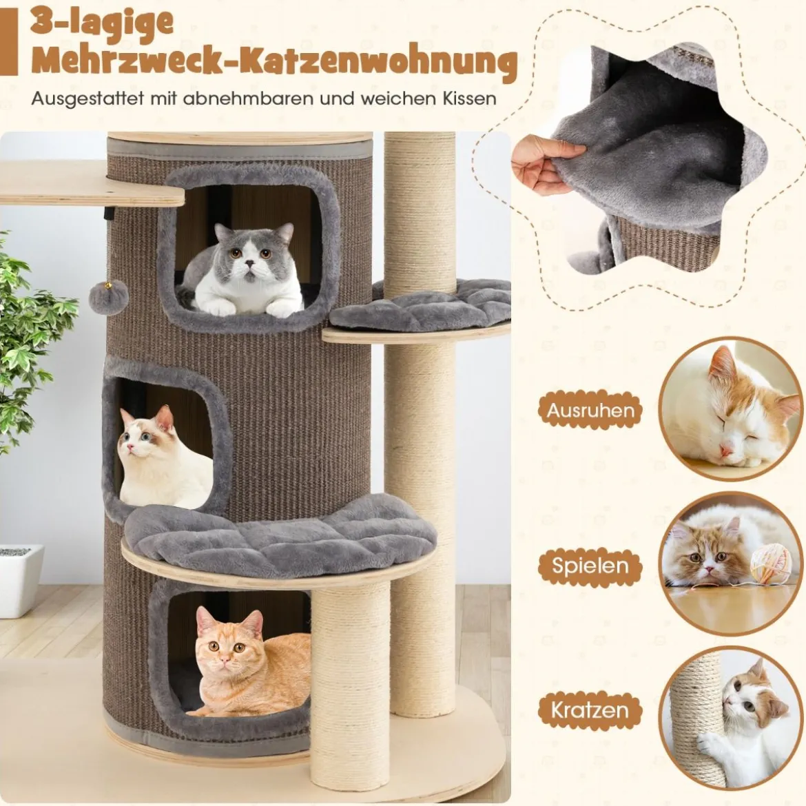 173 cm Kratzbaum aus Holz mit Katzenhöhle & Matten & Ball & Hängeseil Katzenbaum Grau