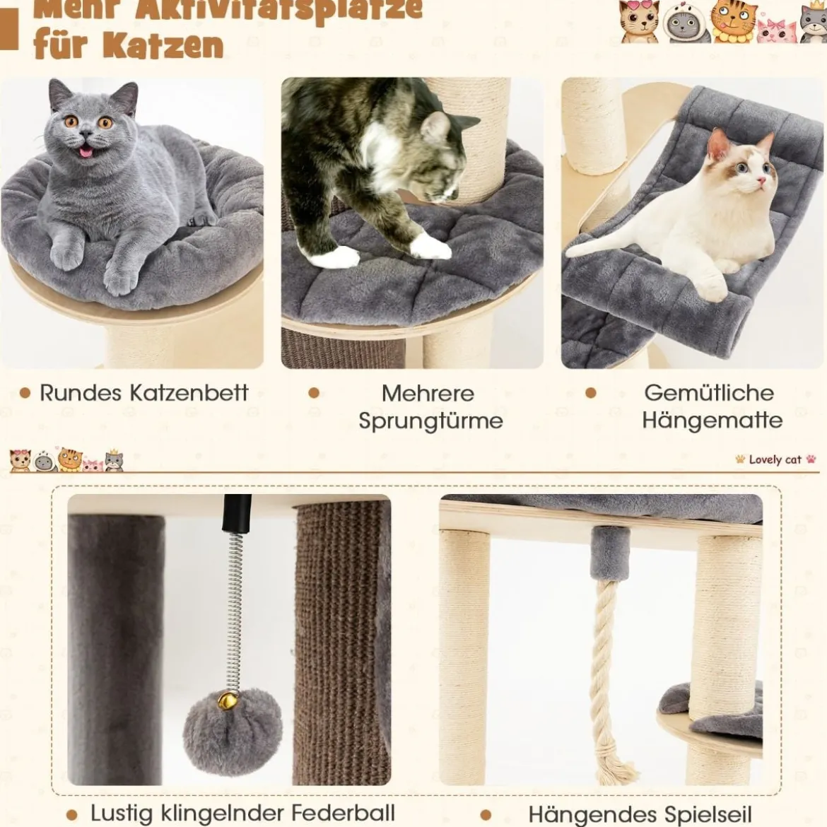173 cm Kratzbaum aus Holz mit Katzenhöhle & Matten & Ball & Hängeseil Katzenbaum Grau