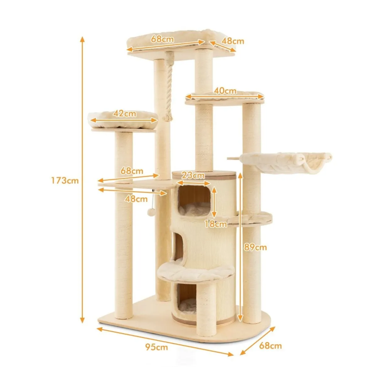 173 cm Kratzbaum aus Holz mit Katzenhöhle & Matten & Ball & Hängeseil Katzenbaum Beige