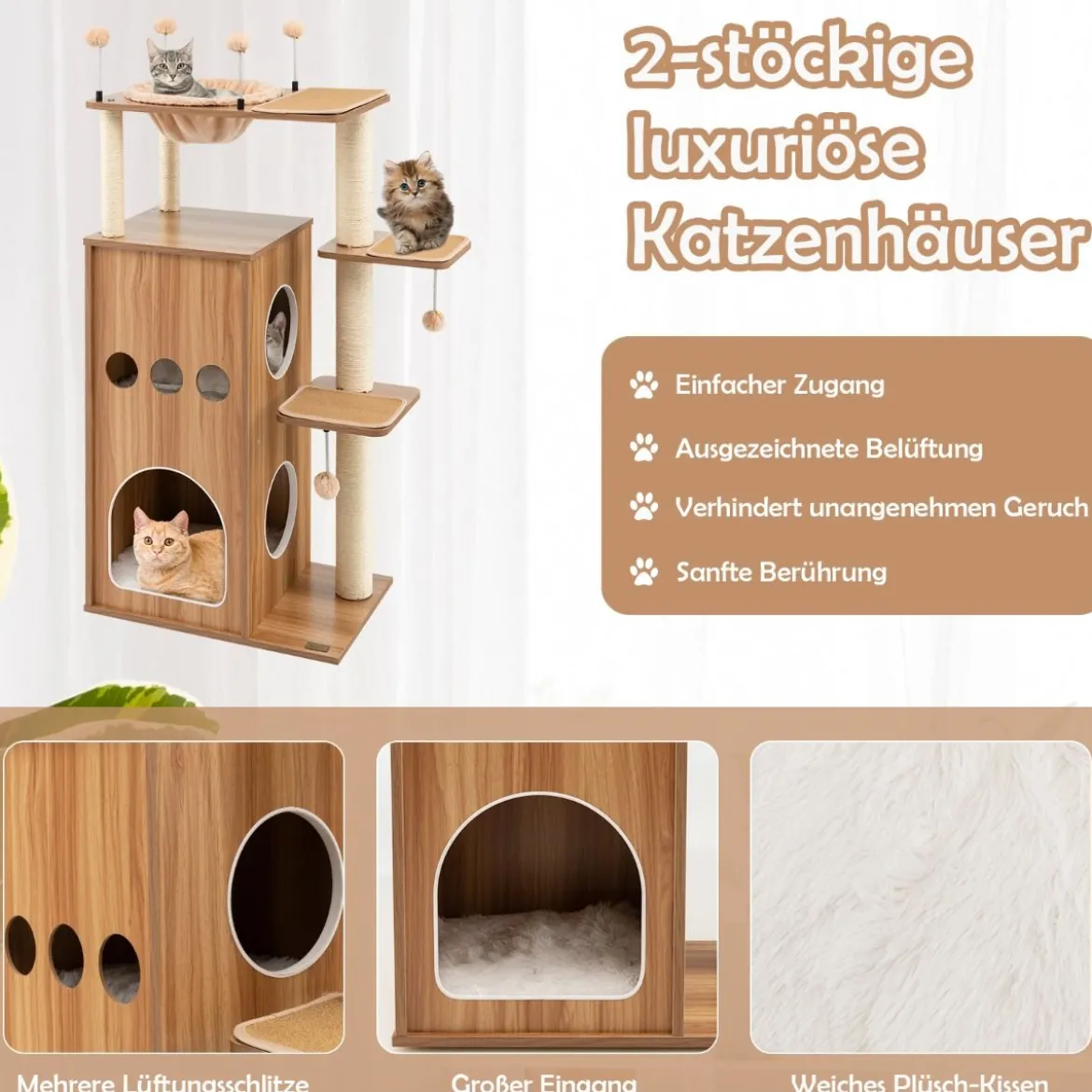 132,5 cm Kratzbaum aus Holz mit 2-stöckiger Katzenhöhle & Hängematte & Federbällen Katzenbaum