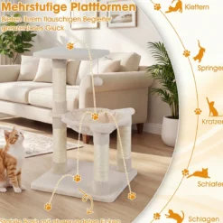 64cm Kratzbaum Aussichtsplatz Hängematte Sisal Kratzstämme Ball Kletterplattformen Beige
