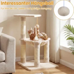 64cm Kratzbaum Aussichtsplatz Hängematte Sisal Kratzstämme Ball Kletterplattformen Beige